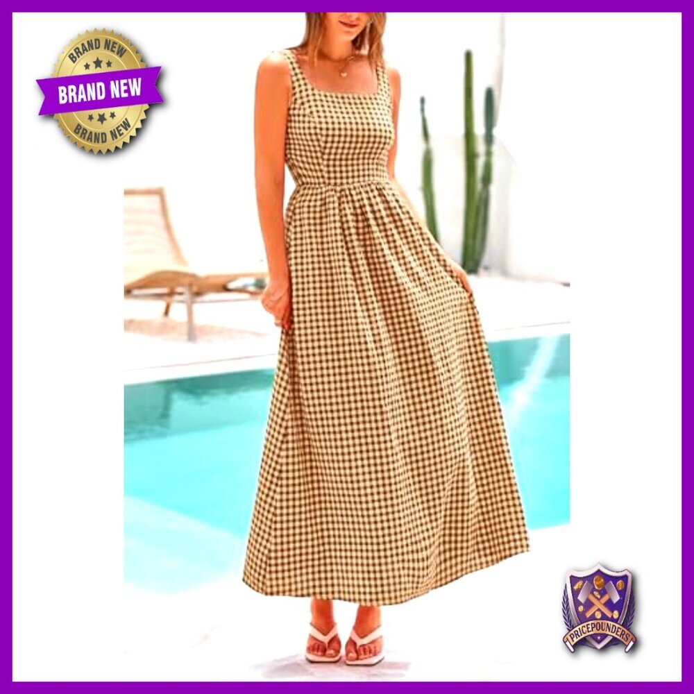 Spaghetti Strap Maxi Dress Plaid Square Neck A-Line Casual Beach Vacation - Picture 6 of 7